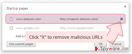 Click 'X' to remove malicious URLs