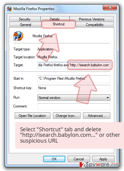 Select 'Shortcut' tab and delete 'http://isearch.babylon.com...' or other suspicious URL