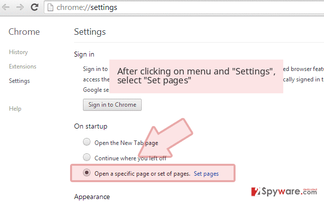 After clicking on menu and 'Settings', select 'Set pages'