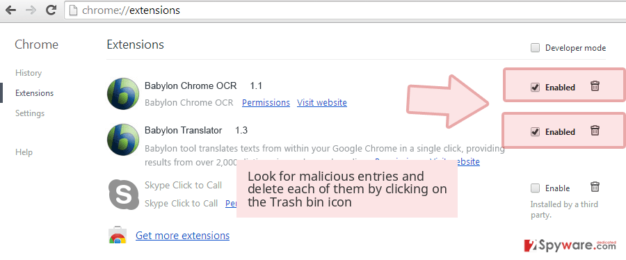 Look for malicious entries and delete each of them by clicking on the Trash bin icon