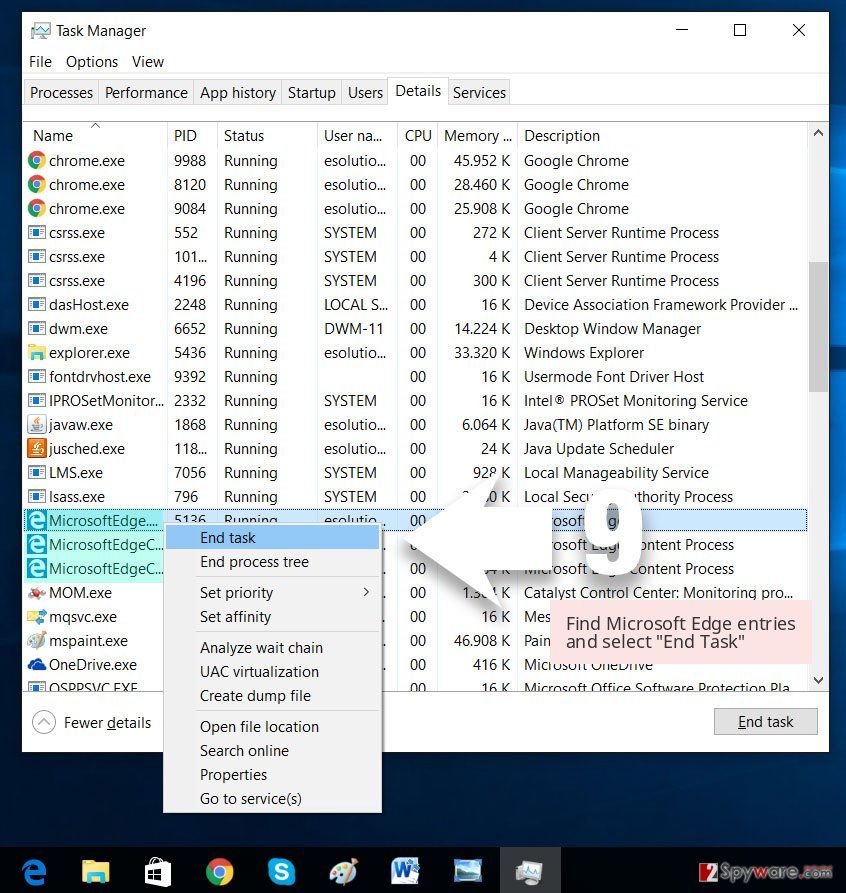 Find Microsoft Edge entries and select 'End Task'