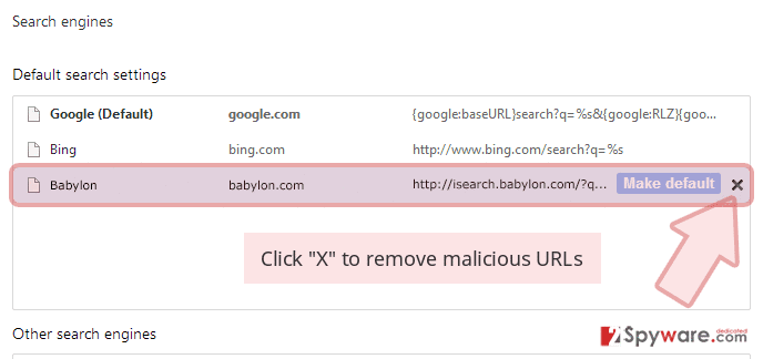 Click 'X' to remove malicious URLs