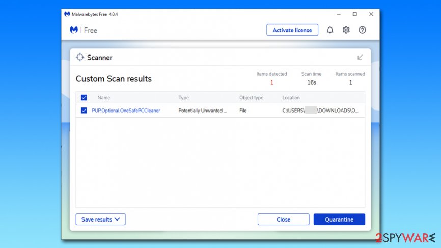 OneSafe PC Cleaner detection