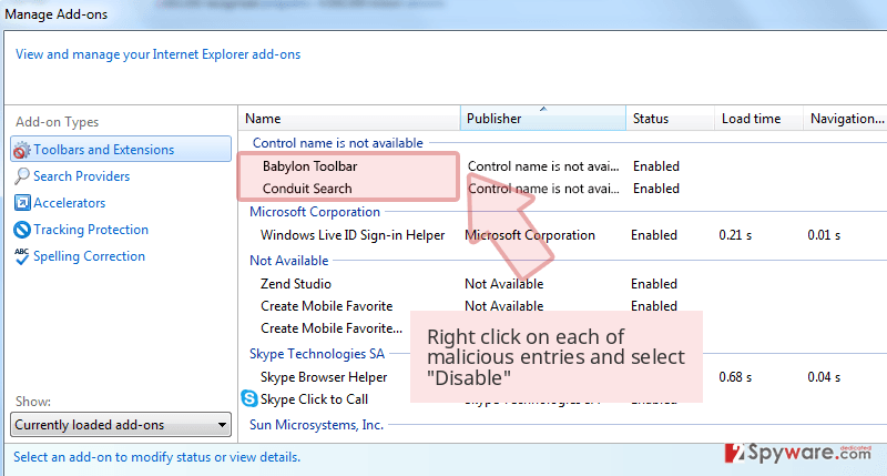 Right click on each of malicious entries and select 'Disable'
