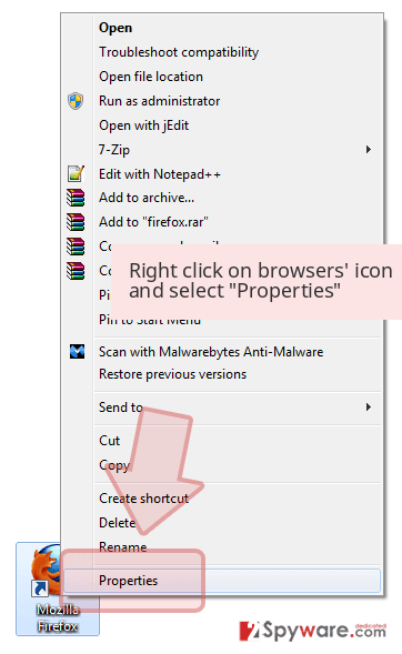 Right click on browsers' icon and select 'Properties'