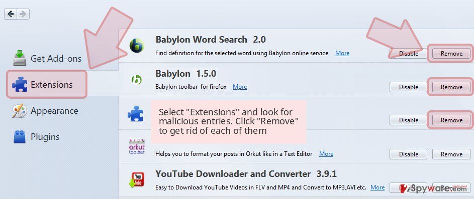 Select 'Extensions' and look for malicious entries. Click 'Remove' to get rid of each of them