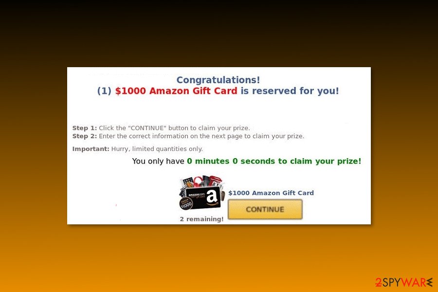 Example of “$1000 Amazon Gift Card is reserved for you” virus