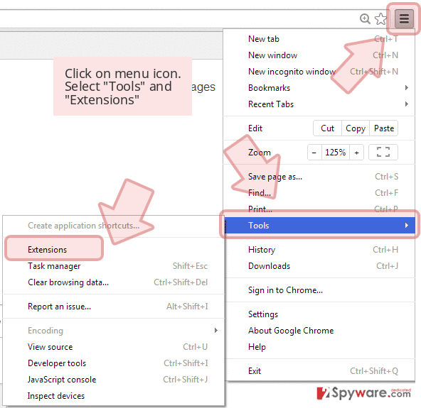 Click on menu icon. Select 'Tools' and 'Extensions'