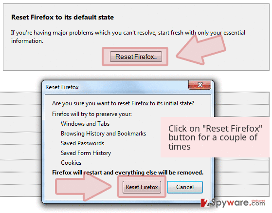 Click on 'Reset Firefox' button for a couple of times