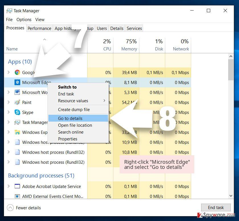 Right-click 'Microsoft Edge' and select 'Go to details'