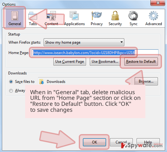 When in 'General' tab, delete malicious URL from 'Home Page' section or click on 'Restore to Default' button. Click 'OK' to save changes